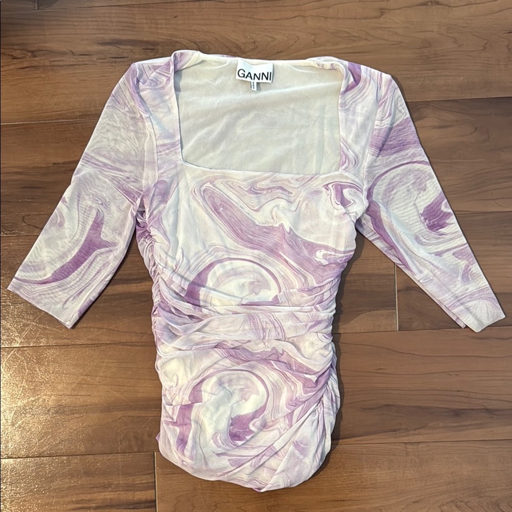 Ganni Purple and White Swirl Top mesh, ruched, size 34